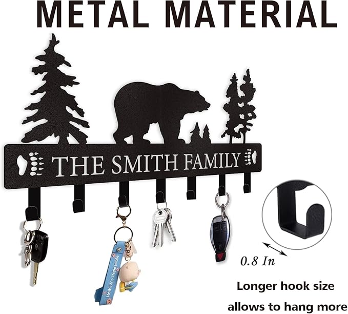 Personalized Key Holder for Wall, Custom Metal Black Bear Coat Hook Key Holder with Name, Metal Key Rack Hanger Organizer for Entryway, Front Door, Hallway, Kitchen, Office Decor