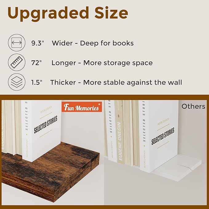 Fun Memories 72 Inch Floating Shelves, 72 x 9.3 Rustic Wooden Fireplace Mantel, 9.3 Inch Floating Shelf for Wall, Farmhouse Wall Shelves for Home Storage & Display, Rustic Brown Color, Set of 1