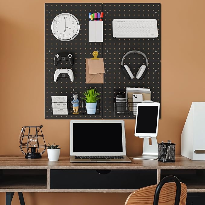 FZK PegBoard,4 Pack Peg Board,ABS Black Pegboard, 24x24inch,Pegboard Wall Organizer, Peg Board for Walls,Plastic pegboard,Suitable for Office Craft Room Kitchen and Item Display