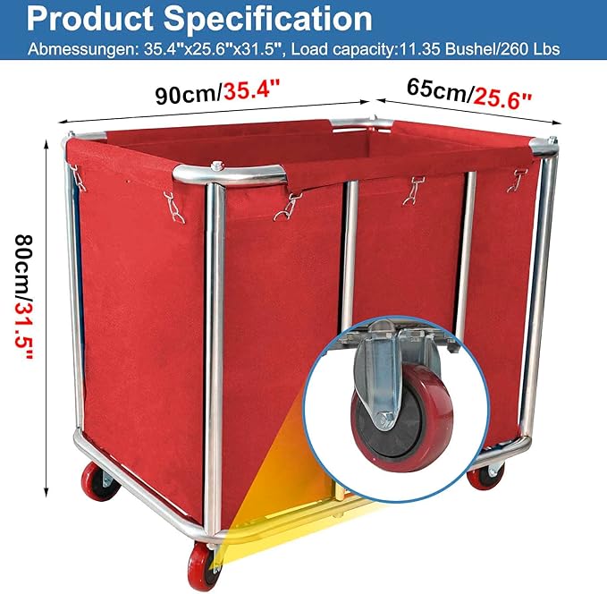 Commercial Laundry Cart With Wheels - 11.5 Bushel Heavy Duty Stainless Steel Hamper With Waterproof Lining - 260 Lbs Load Capacity
