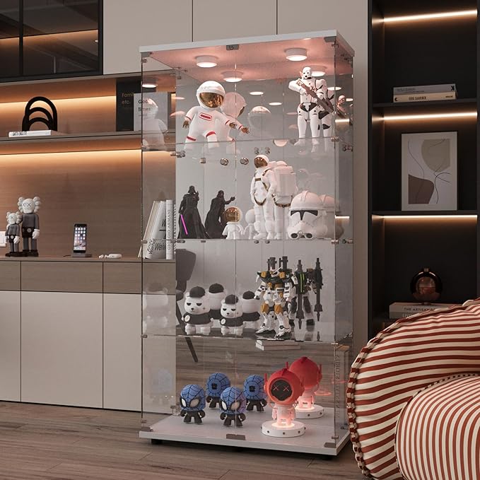 Beauty4U Glass Display Cabinet with LED Light and Mirror, 4 Shelves with 2 Doors, Curio Cabinets for Living Room, Bedroom, Office, White Floor Standing Glass Bookshelf, Quick Installation