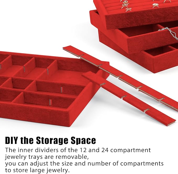 Rocutus Jewelry Trays,3 Pack Stackable Velvet Jewelry Organizer Tray Drawer Jewelry Storage Tray,Divided Ring Organizer Tray for Earrings, Necklaces, Bracelets,13.8"x9.5"x1.2" (Red)