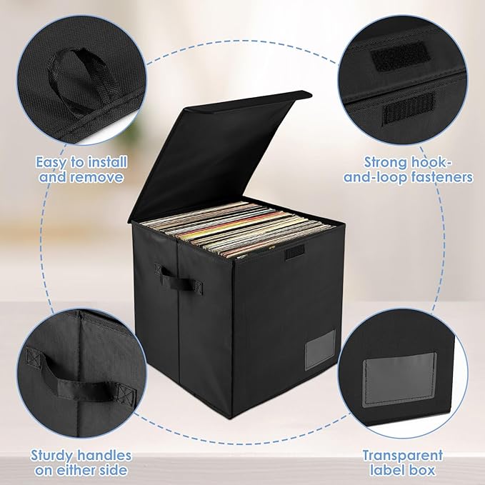 1/4 Pcs Vinyl Record Storage Box with Lid and Handles, Oxford Cloth Record Album Storage Crate, Foldable and Stackable Record Organizer Storage Case for Collecting Valuable Album (4/no lock)