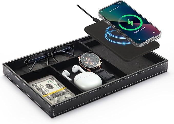 TopMade Valet Tray with Wireless Charging Pad Nightstand Organizer, Leather Desktop Storage Dresser Organizer Charging Station, Jewelry Box Catchall Bedside Vanity Tray for Men Women(Black)
