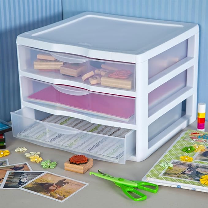 Sterilite 6-Pack Wide 3 Drawer Unit, Plastic Desktop Organizer with Clear Drawers, White Frame - Stackable Multi-Purpose Storage for Office Supplies, Craft Rooms, Classrooms and Home Organization
