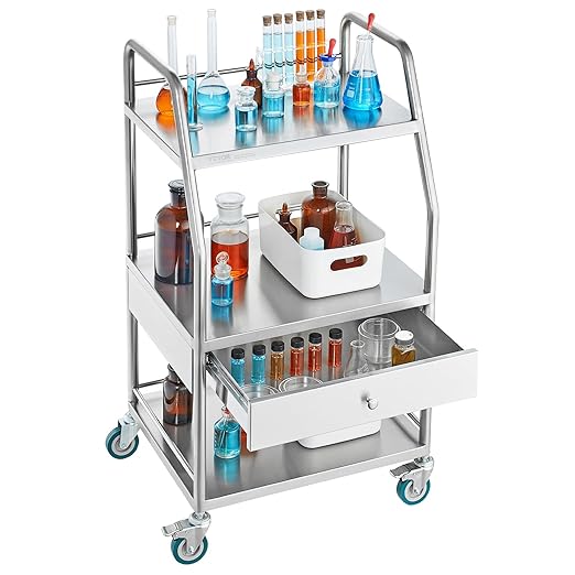 VEVOR Stainless Steel Utility Cart with 3 Shelves & 1 Drawer, 360 Swivel Casters, 220lbs Capacity