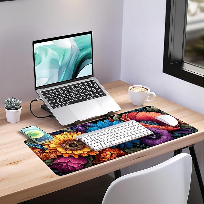 Flower Gaming Mouse Pad 35.4"x15.7"Desk Mat Anti-Slip Rubber Base & Durable Stitched Edges for Gamers Smooth Mouse Writing Surface for Desk Office/Home