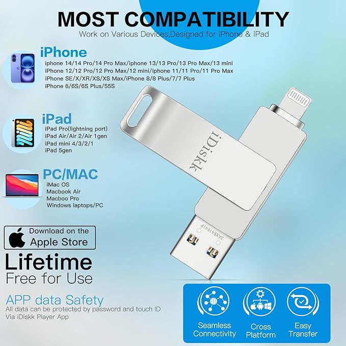 iDiskk 512GB Mfi Certified,Flash Drive for iPhone,Photos and Videos iPhone USB Storage,Photo Stick,for Computer Photo Storage Stick Lightning iPad, Mac/PC,FLASHDRIVE for Your iPhone (auto Backup)