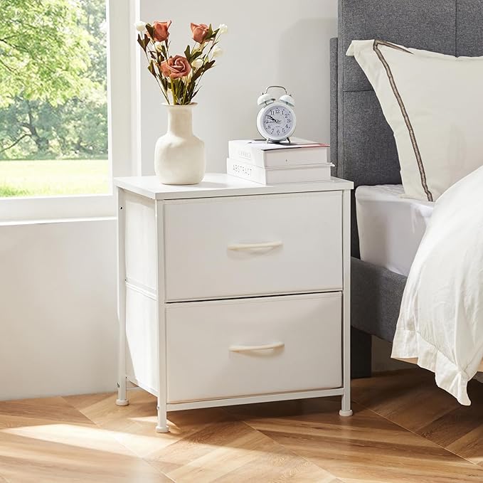 DUMOS Small Night Stand Set of 2 Fabric Drawer Dressers Short Bedside Tables for Room Organization Closet College Dorm Entry Storage 20 Inch Height Furniture,White