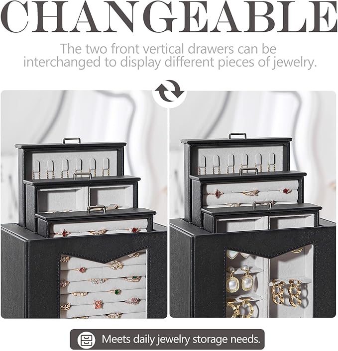 Homde Jewelry Organizer with Transparent Window Necklace Hooks Gift for Women Jewelry Box Display Case for Necklaces Rings Earrings Bracelets and Other Accessories (Black)