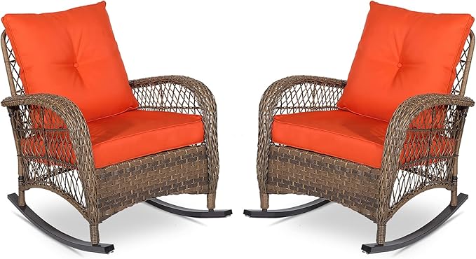 VIVIJASON 2 Piece Patio Wicker Rattan Rocker Chair, Outdoor Rattan Rocker Chair with Cushions & Steel Frame, All-Weather Rocking Lawn Wicker Furniture for Garden Backyard Porch (Orange)