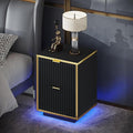 Fluted Nightstand, Black End Table with LED Lights, Modern Floating Night with Base, Bedside Table with Storage, End Table with Drawers for Bedroom, Black and Gold