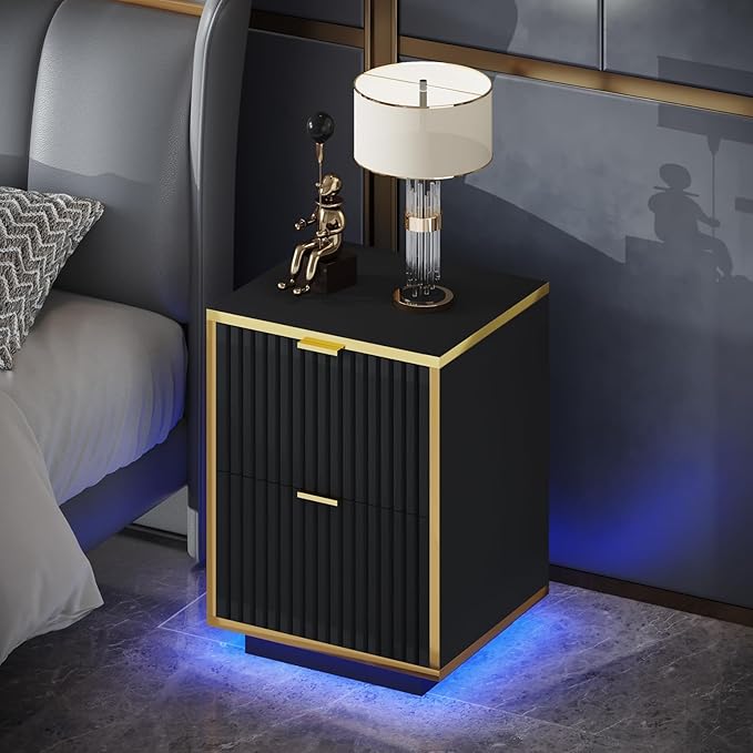 Fluted Nightstand, Black End Table with LED Lights, Modern Floating Night with Base, Bedside Table with Storage, End Table with Drawers for Bedroom, Black and Gold