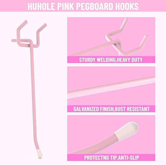 HUHOLE Pegboard Hooks 6 Inch 50PC, Pink Peg Board Hooks, Fit 1/4" or 1/8" Pegboard, Ideal Peg Board Organizer Accessories for Wall Display, Crafts Organization, Kitchen Organizer(Pink, 6 Inch)