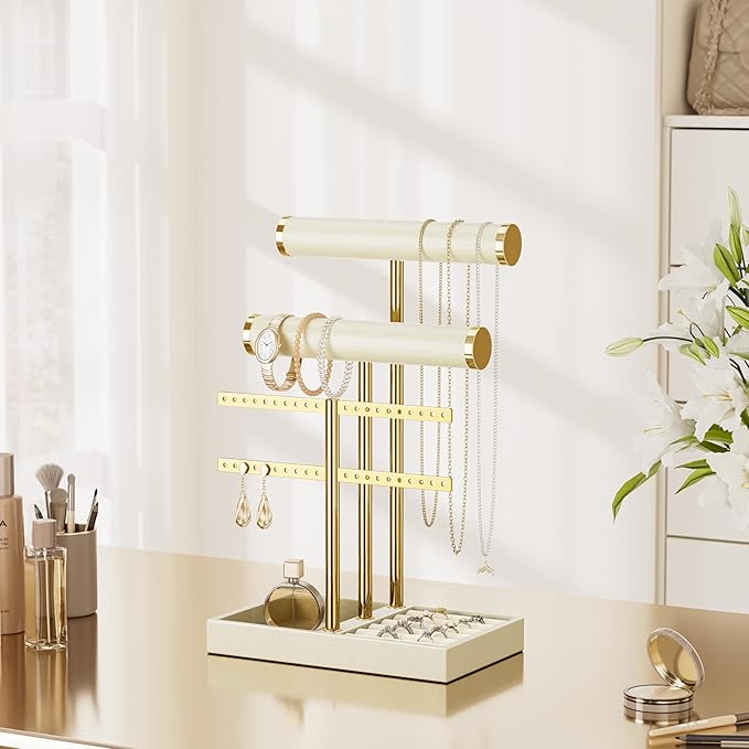 3 Tier Bracelet Holder Display - Beige Leather Bracelet Holder, Detachable T Bar Jewelry Holder Organizer for Bracelet, Necklace, Earrings, Rings, Watches, Bangle