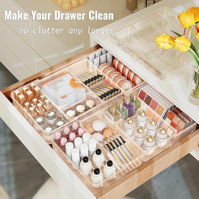 Expandable Drawer Organizer Tray from 11” to 19.1”, Adjustable Silverware in Drawer Holder, Clear Plastic Drawer Storage with Sliding Dividers for Utensil, Cosmetics, Toiletries, Offices