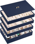Voova Stackable Jewelry Organizer Tray with Lid, PU Leather Jewelry Storage Holder for Drawer Inserts, Jewellery Display Box Case for Earring Necklace Ring Watch Bracelet (Set of 4, Navy Blue)