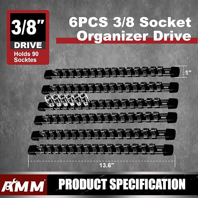 AMM 6-Piece Socket Organizer，3/8 inch Drive ABS Tools-Socket Holder，Heavy Duty Socket Racks，Premium Quality Socket Clip Rail Holder，The best tool trays in the garage