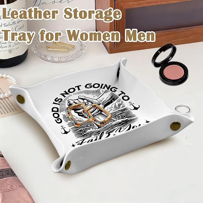 Christian Gifts Leather Jewelry Valet Tray, Religious Bible Verse Gifts PU Leather Catchall Beside Caddy Nightstand Organizer Tray for Jewelry Rings Watches Keys and Accessories, 7.8x7.8inch