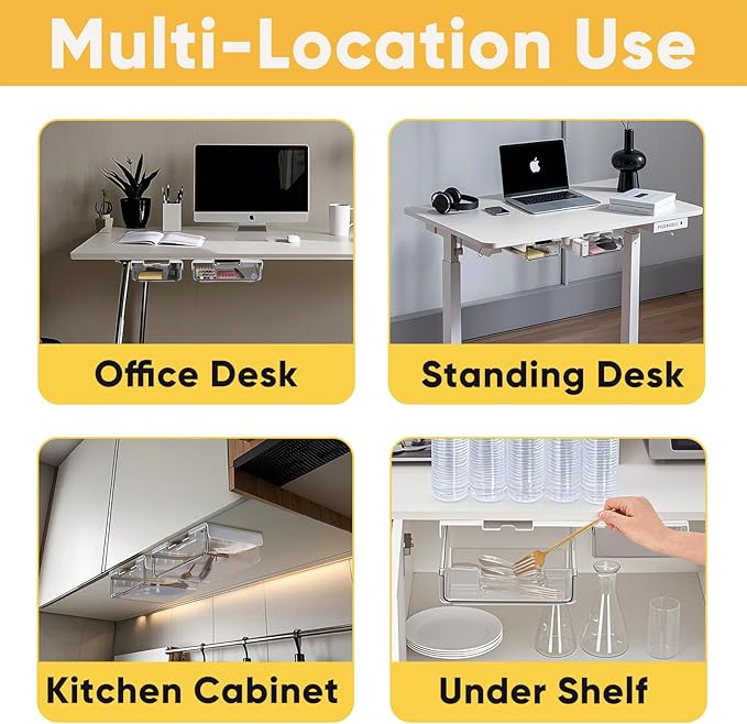 2 Pack Under Desk Hanging Drawer Slide Pull Out, Attachable Clear Acrylic Storage Tray, Easy Hidden Self Adhesive Mount Cabinet Shelf Holder for Tables, Home & Office, Counters, Workstation