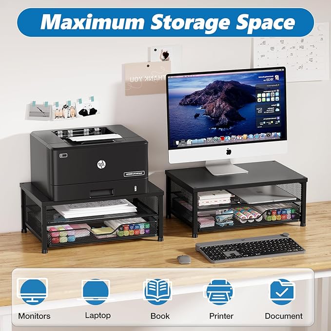 OPNICE Computer Monitor Stand Riser, Desk Organizers and Accessories with Drawer, Laptop Stand, Office Desk Accessories & Workspace Desktop Organizers Storage for Office Supplies(Black 2-Pack)