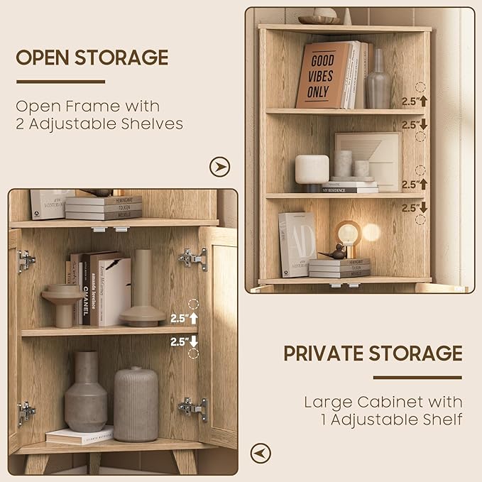 Corner Cabinet with Rattan Doors, Tall Farmhouse Corner Display Shelf with Bottom Storage Cabinet and 3 Adjustable Shelves Home Office Space Saver for Bathroom, Kitchen, Bedroom and Living Room