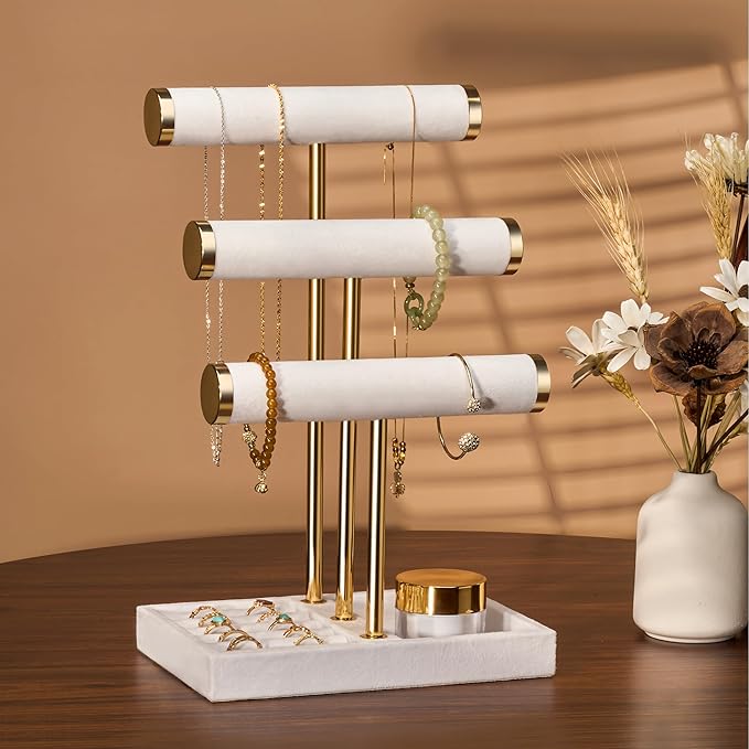 3 Tier Bracelet Holder Display - Detachable T Bar White Velvet Bracelet Holder, Jewelry Holder Organizer for Bracelet, Necklace, Watches, Rings