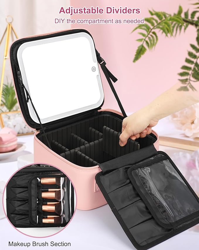Relavel Initial Makeup Bag with LED Mirror for Women Girls, Personalized Travel Cosmetic Organizer Train Case, Birthday Gifts for Grandkids Bridesmaid Graduation Teacher Friends, Trendy Stuff, Pink C