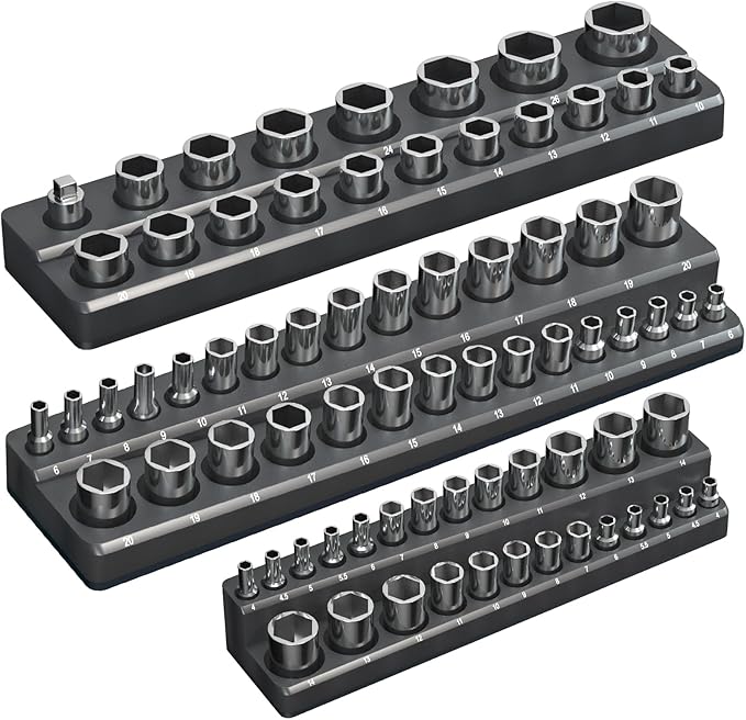 Magnetic Socket Organizer Holder Set – 3-Piece Tool Organizers Including 1/4", 3/8" and 1/2" Drive Socket Holder Metric 68 Pieces Socket Trays (Sockets are not Included) Black
