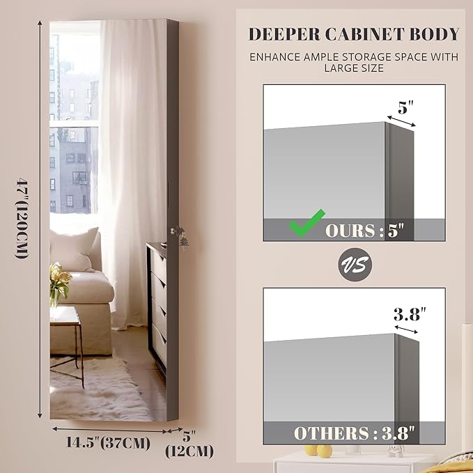 Vlsrka 47.2" LED Grey Jewelry Mirror Cabinet, Wall/Door Mounted Jewelry Armoire Organizer with Full-Length Mirror, Large Capacity Storage Hanging Cabinet, 4 Drawers, 5 Shelves, Built-in Lighted Mirror
