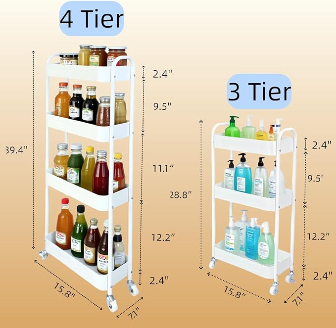 3 Tier Narrow Rolling Storage Cart for Laundry Room Bathroom Kitchen, 7.1'' Slim Utility Cart with Wheels and Lockable Casters Standing Shelf for Small Space & Between Washer and Dryer, White