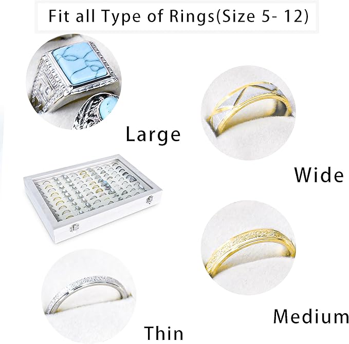 Frebeauty Ring Organizer Tray 100 Slots Ring Holder with Clear Lid Velvet Storage Box Jewelry Tray for Jewelry Store Earring Display Case for Jewelry Show Studs Box for Women(White)