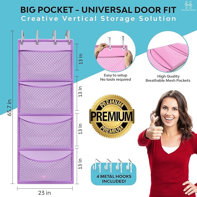 Honeyera Plush Storage (Patent Pending) - Plush Hammock Net Over Door Organizer for Stuffies, Baby Accessories, Toy/Hammock Hanging Storage Big Girls Toddler Large Bag Animals (Purple)