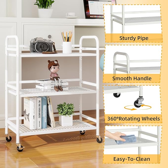 HDANI 3 Tier Metal Rolling Heavy Cart Supports 40 Lbs Per Tier,Mesh Rolling Cart with 2 Lockable Wheels for Office,Home,Bedroom,Kitchen,Bathroom(White)