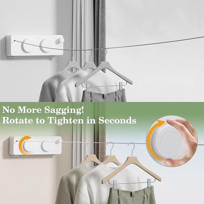 Danpoo Retractable Clothesline, Anti-Sag Adjustable Knob Heavy-Duty Clothes Line for Indoors/Outdoors with 2 * 13.8ft Stainless Steel Wire, Laundry Wall Drying Solutions