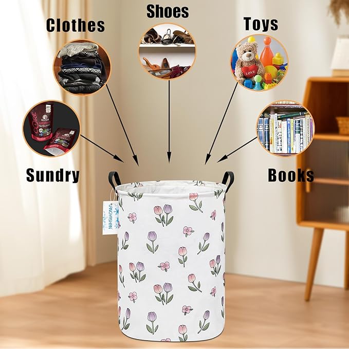 LANGYASHAN Laundry Basket Canvas Fabric Collapsible Organizer Basket for Storage Bin Toy Bins Gift Baskets Bedroom Clothes Children Nursery Hamper (Tulip)