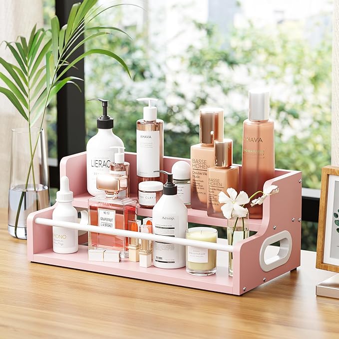 KLM 2-Tier Liquor Bottle Display Shelf, Bar Counter Organizer with Metal Rod, Mini Bar Storage Rack (Pink)