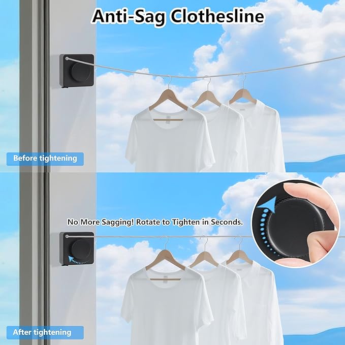 15.7Ft Retractable Clothesline Indoor an Anti-sag Retractable Clothesline Outdoor,Laundry Line Wall Mounted Stainless Steel Wire Laundry, with 12 Clip(Black)