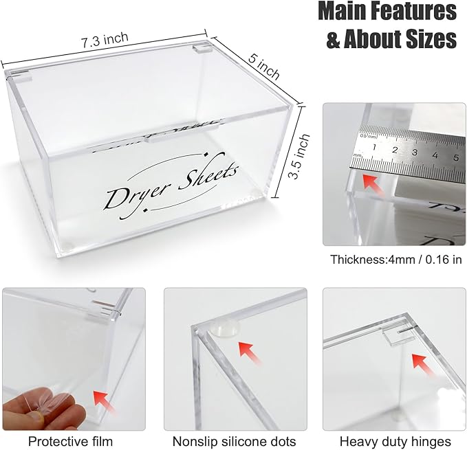 Laundry Sheet Holder - Clear Acrylic Dispenser with Lid, Dryer Sheet Box for Laundry Room