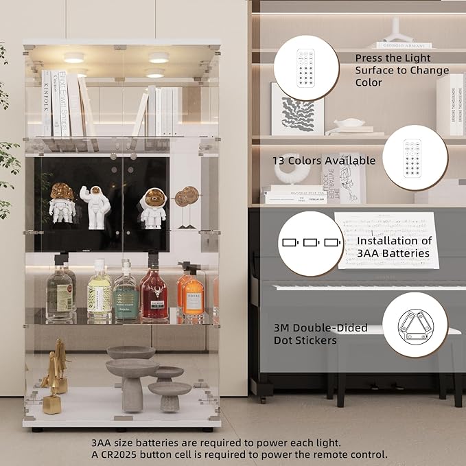 Beauty4U Glass Display Cabinet with LED Light and Mirror, 4 Shelves with 2 Doors, Curio Cabinets for Living Room, Bedroom, Office, White Floor Standing Glass Bookshelf, Quick Installation