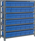 Quantum 1239-601BL Heavy Duty Shelving Unit with (7) Shelves and (36) Blue Bins (QED601) for Garage Warehouse Storage Distribution | 400 lbs Load Capacity | 12"D x 36"L x 39"H, Galvanized Carbon Steel