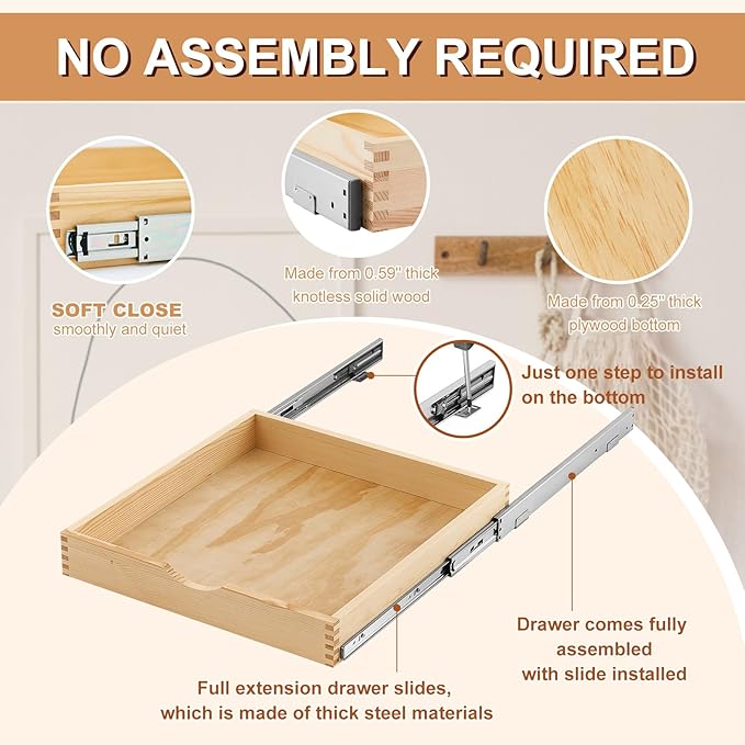 Menkxi 2 Set Pull out Tray Cabinet Organizer Wooden Pull Drawers storage Slide out Pantry Shelf for Base Cabinet Kitchen Gentle Close Fully Assembled Accessories(Wood Color,21'' X 21'' X 3'')