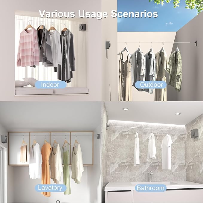 Suntree Retractable Clothesline in Grey - 16.4ft Sag-Proof Stainless Steel Cable, 5 Clips, 2 Installation Kits (No Drill/Drill), 44lb Heavy Duty Wall Mount Indoor Outdoor Laundry Drying Line