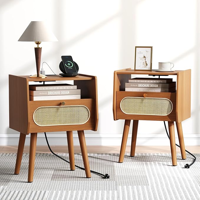 Night Stand Set 2, Mid Century Modern Nightstands, Rattan Bedside Table with Charging Station, Boho End Table with Drawer Storage, Solid Wood Legs Bed Side Tables for Bedroom, Cherry