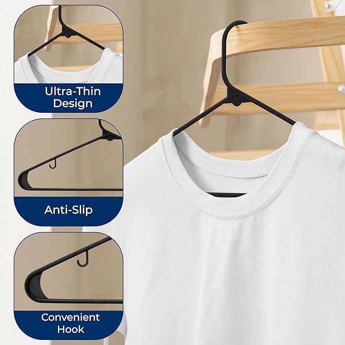 SereneLife 100 Pack Black Plastic Hangers – Ultra Lightweight Non-Slip Slim Clothes Hanger Set for Shirts, Pants, Coats & Dresses – Heavy Duty Space Saving Closet Organizer