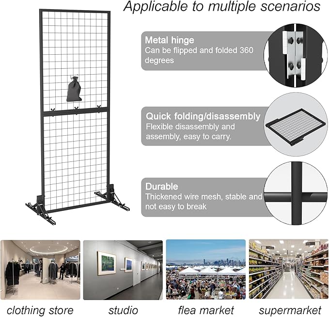 Grid Wall Display Panel Heavy-Duty Foldable, 2ft x 6ft Black Wire Wall Grid 1-Pack with 10 Hooks, Spring-Loaded Pins( Flat Base) for Retail Display Racks,Vendor Booth Display Stand, Trade Exhibits