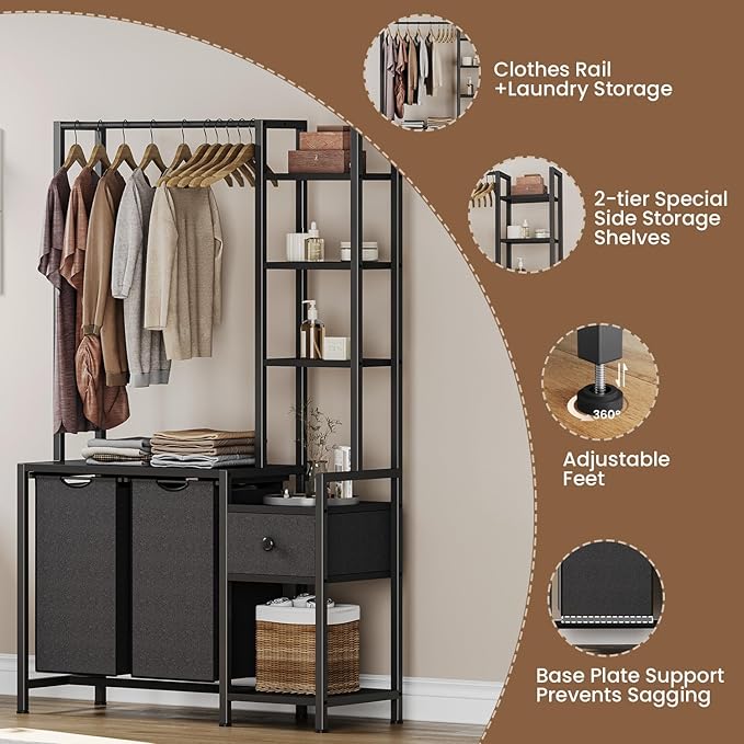 Laundry Hamper with Shelf, 5 Tiers Tall Laundry Basket Sorter with 2 Pull-Out and Removable Bags, Clothes Rack with Laundry Sorter for Laundry Room Bathroom Bedroom, Black