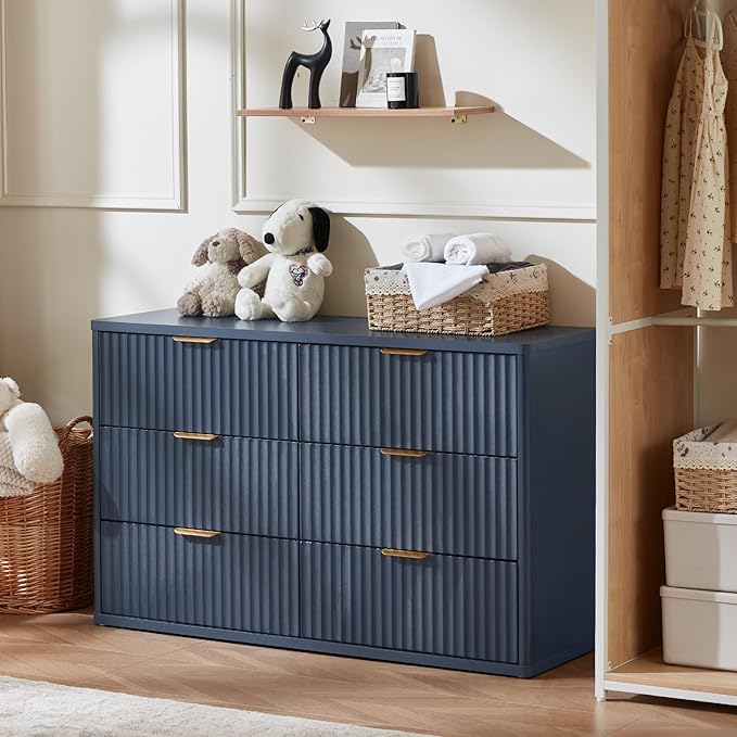 LEYAOYAO Fluted 6 Drawers Dresser Set of 2, 48" Wide Modern Chest of Drawers with Woodgrain Top, Curved Profile Design, Dresser TV Stand, Wood Drawer Organizer for Bedroom, Living Room, Hallway,Blue
