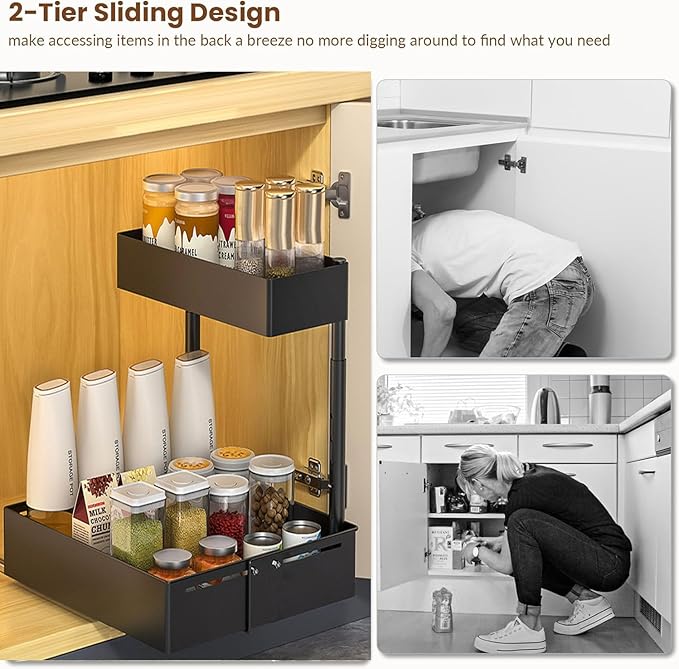 Under Sink Organiser,2 Tier Pull Out Cabinet Organiser,Height Adjustable Out Cabinet Drawer,Multi-Purpose Slide Out Storage Shelves for Home,Kitchen,Bathroom (White) (Black)