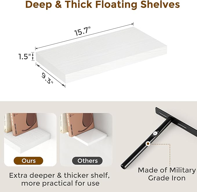 White Floating Shelves for Wall, 16 Inch Wall-Mounted Bathroom Shelves Set of 2, Rustic Wood Floating Shelf for Kitchen|Bedroom, 9.3 Inch Deep Shelf Invisible Brackets for Books|Storage|Decor